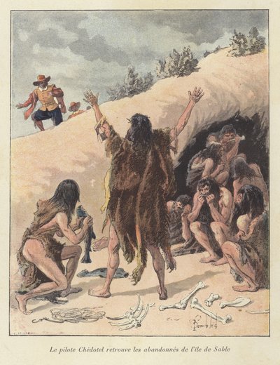 El piloto Chedotel encuentra a los miembros sobrevivientes de la colonia francesa en la Isla de Sable, Canadá, c.1600 de Louis Charles Bombled